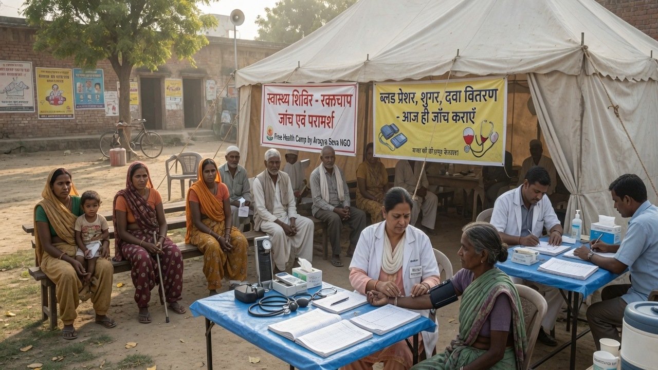 Doctors and nurses conducting a community health camp in an Indian village