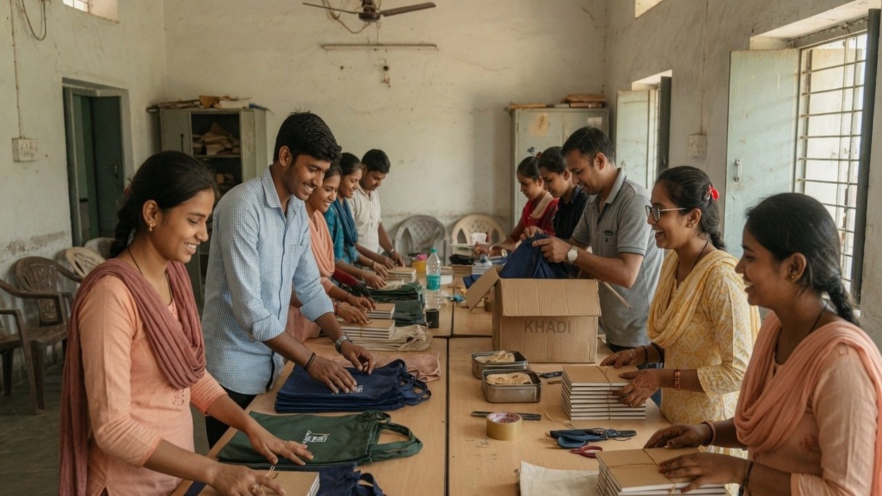 Volunteers packing educational and relief supplies
